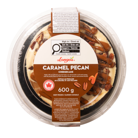 Longo&rsquo;s caramel pecan cheesecake in clear container with caramel drizzle and pecans, labeled 600g, product packaging top view
